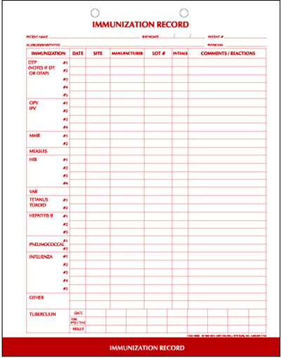 Immunization Record Form Red 100/PK