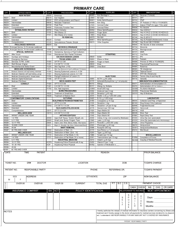 Single Sheet Superbills or Charge Tickets or Fee Slips 